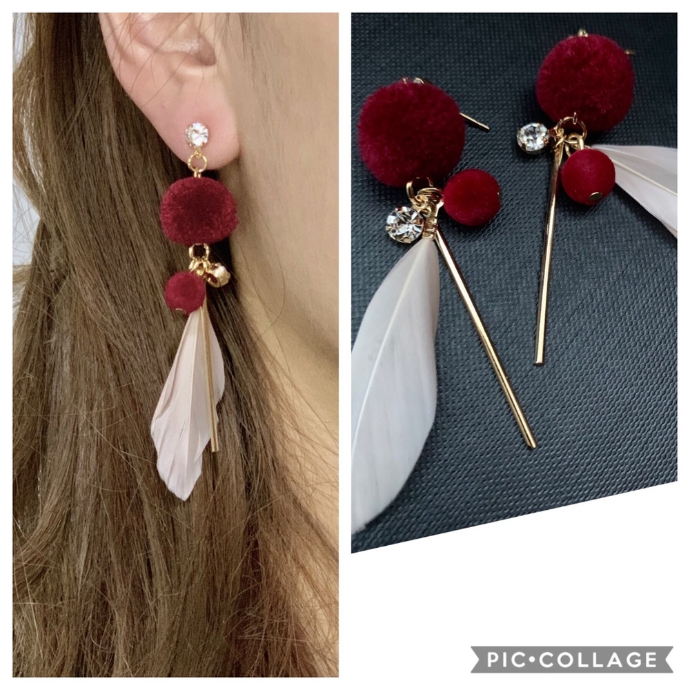 ❤️velvet ball feather tassel earring